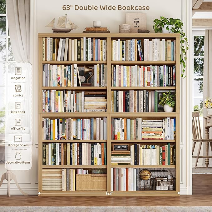 HOSTACK 63" W Open Book Shelf, 73" Tall Bookshelf with Storage, Modern Wood Bookshelf, Large Bookcase with 12 Display Shelves, 6 Tier Wooden Book Case for Living Room, Home Office, Library, Light Wood