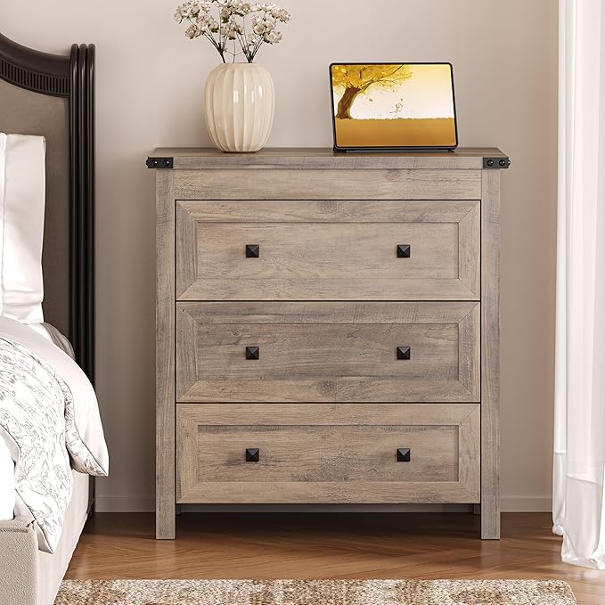 BORNOON 3-Drawer Dresser, Small Wooden Chest of Drawers with Metal Knobs, Water-Resistant Top, Storage Organizer with Anti-Tip Kit for Bedroom, Nursery, Living Room