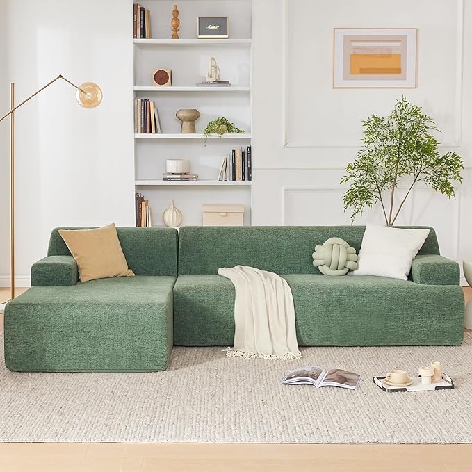 Weture 107" Modular Sectional Cloud Couch, Boneless couches Sponge sectionals for Living Room, High Density Sponges Sofa, Modular L-Shape with Chaise, Green