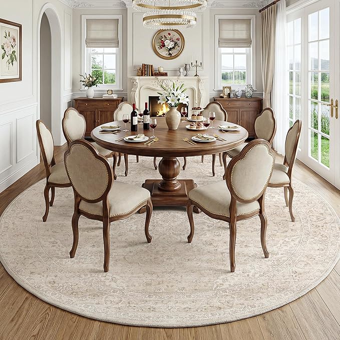 FMFUNCTEX 8ft Round Washable Area Rug Beige Vintage Neutral Oriental Distressed Large Non Slip Carpet for Living Room Bedroom Soft Low Pile Indoor Floral Retro Cream Rug for Dining Office Nursery