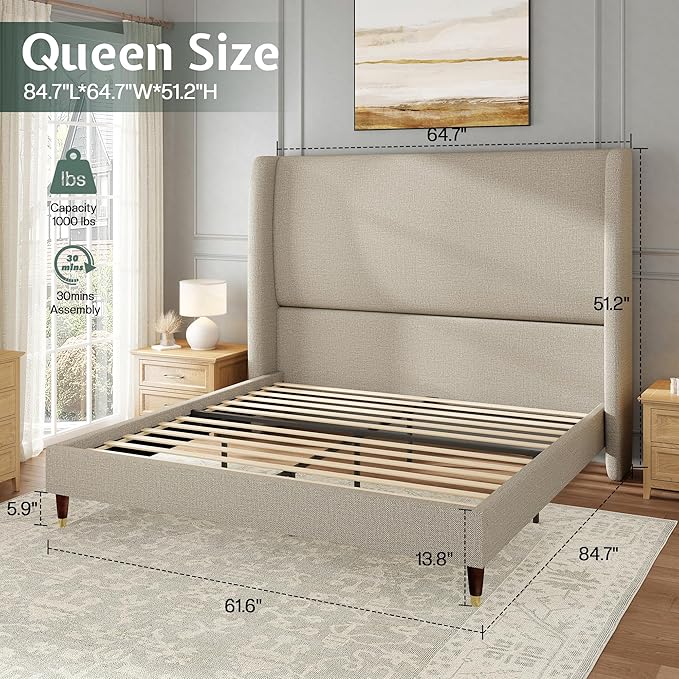 Jocisland Queen Size Bed Frame 51.2" Wingback Headboard Linen Upholstered Platform Bed with Solid Wood Legs & Wooden Slats, No Box Spring Needed, Modern Minimalist Style, Easy Assembly, Brown