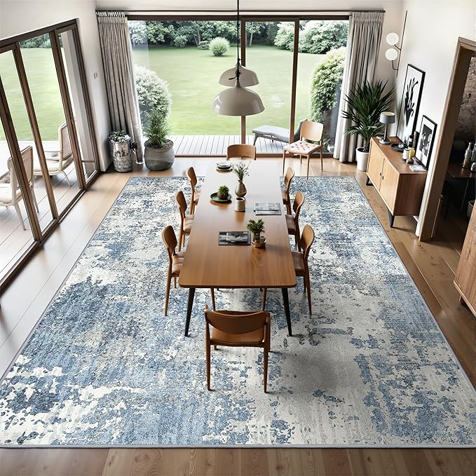 Art&Tuft Washable Rug, Anti-Slip Backing Abstract 8x10 Rug, Stain Resistant Rugs for Living Room, Foldable Machine Washable Area Rug (TPR53-Blue, 8'x10')