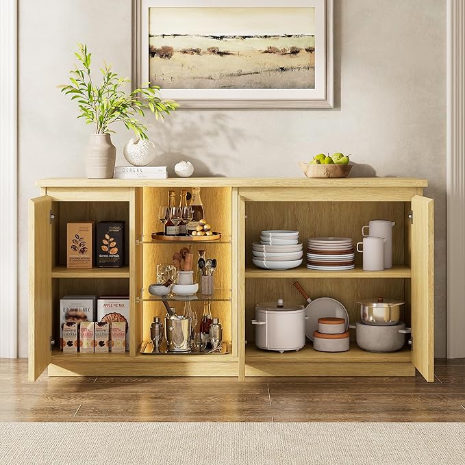 iPormis Sideboard Buffet Cabinet with Storage & LED Lights, Credenza Sideboard with Doors and Adjustable Shelves, 60" Coffee Bar Table Storage Cabinet for Dining Room Kitchen Living Room, Natural