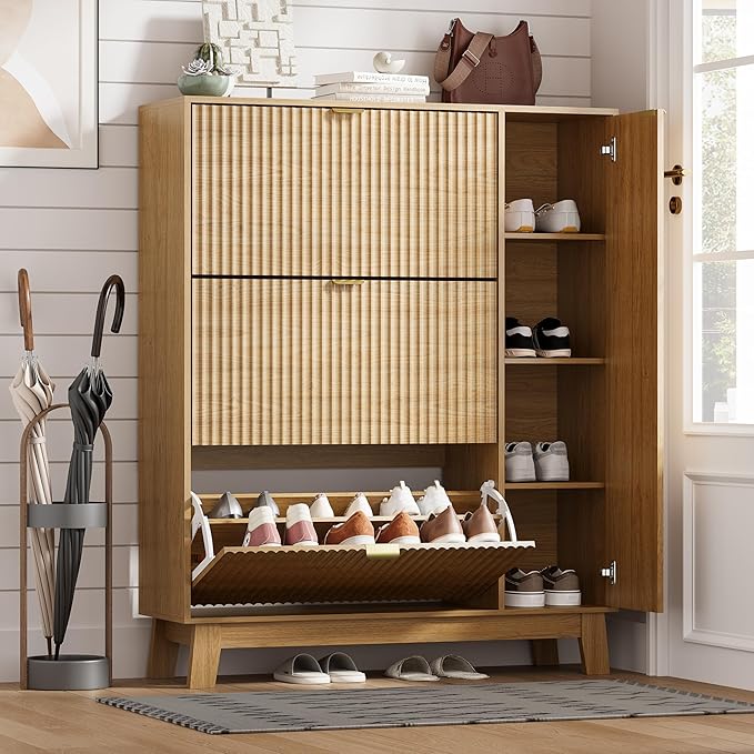 Shoe Cabinet Storage for Entryway with 3 Flip Drawers & Side Cabinet, Fluted Narrow Shoe Organizer with Wooden Leg, Freestanding Shoe Storage Hidden Shoe Rack Organizer for Front Door Entrance, Oak
