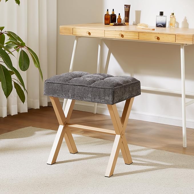 Royal Windsor Vanity Stool,Square Ottoman Stool Foot Rest,Upholstered Vanity Chair Foot Stool with Metal X Legs, Small Vanity seat for Entryway,Bedroom and Living Room,Dark Grey+Yellow