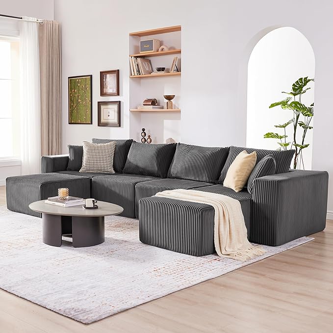 Weture 135.4" Cloud Couch Sectional, Modular Sectional Sofa with Deep Seat, Plush Corduroy U Shaped Boneless Couch, Convertible Sectional Couches for Living Room, 6Seat, Grey