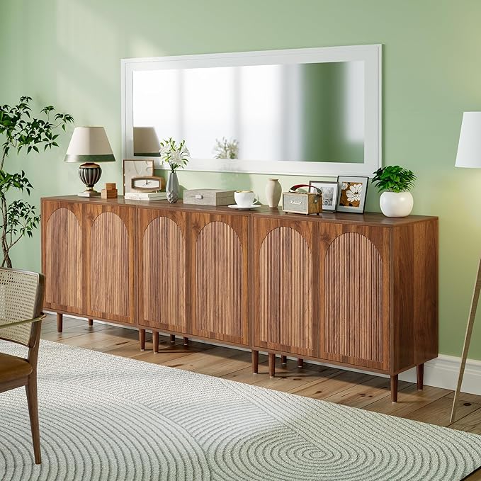 Bifins 63” Fluted Sideboard Buffet Cabinet with Storage,Mid Century Modern Small Wood Storage Cabinet with Arched Profile for Dining Room Kitchen Living Room