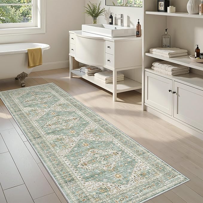 Runner Rug 2'x6' Washable Vintage Area Rugs for Hallway Non Slip Laundry Rug Runner Boho Floor Carpet Runners for Entryway Laundry Room Kitchen Bathroom (2'x6',Green)