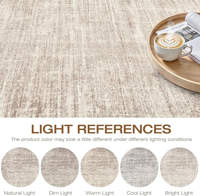 8ft Round Rug Living Room: 8x8 Washable Large Neutral Beige Circle Area Rug Abstract Soft Modern Stain Resistant Indoor Floor Non-Slip Carpet for Bedroom Nursery Kids Office Playroom Dining Room