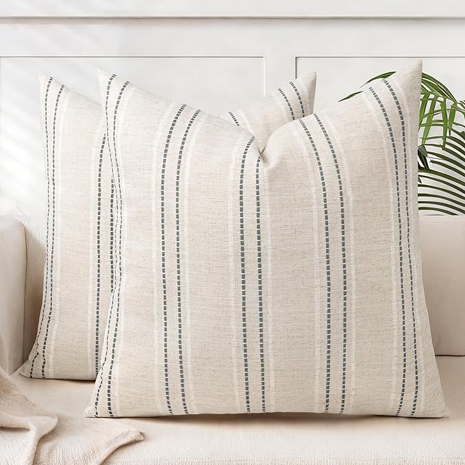 AELS 22x22 Decorative Farmhouse Linen Blend Throw Pillow Covers, Boho Textured Pillow Case, Set of 2, Beige with White & Gray Stitch Yarn Dyed Stripe Cushion Cover for Sofa Living Room (Cover ON