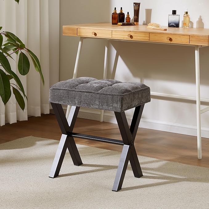 Royal Windsor Vanity Stool,Square Ottoman Stool Foot Rest,Upholstered Vanity Chair Foot Stool with Metal X Legs, Small Vanity seat for Entryway,Bedroom and Living Room,Linen Dark Grey