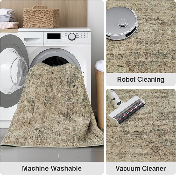 FMFUNCTEX 5x7 Washable Area Rug Neutral Vintage Brown Distressed Non Slip Low Pile Traditional Indoor Carpet for Living Room Bedroom Soft Retro Mat Throw Rug for Dining Office Kitchen Dorm Entryway