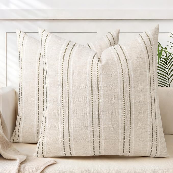 AELS 26x26 Decorative Farmhouse Linen Blend Throw Pillow Covers, Boho Textured Pillow Case, Set of 2, Beige with White & Brown Stitch Yarn Dyed Stripe Cushion Cover for Sofa Living Room (Cover ONLY)