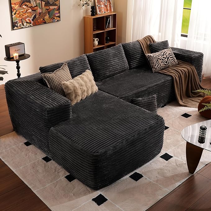 ovios 104" Cloud Boneless Couch with L-Shape Chaise,Modern Sectional Modular Sofa with Deep Seat, Upholstered Couches for Living Room Bedroom,No Assembly Required, Grey (Plush Corduroy Fabric)