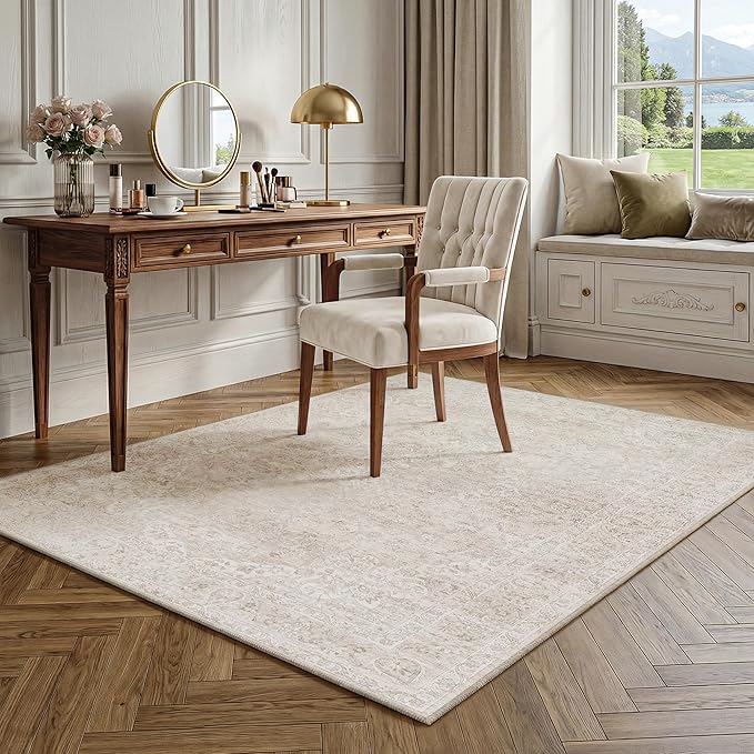 FMFUNCTEX 3x5 Washable Area Rug Beige Vintage Neutral Distressed Non Slip Low Pile Floral Retro Indoor Carpet for Entryway Entrance Thin Soft Rug Living Room Bedroom Kitchen Office Desk Laundry