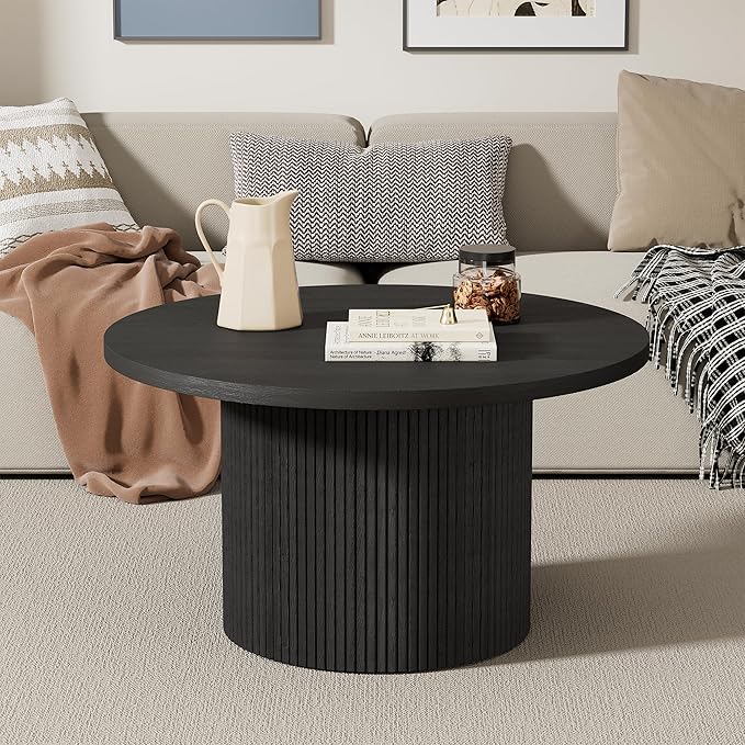 Furniway Round Coffee Table, 35.4" Circle Wide Coffee Table, Wood Table and Center Table for Living Room, Black
