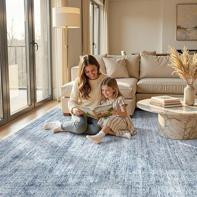 cotiled Large Area Rugs for Living Room 8x10, Machine Washable Rugs with Non Slip Backing Modern Neutral Abstract Rugs Stain Resistant Distressed Carpets for Home Office Decor (8x10 Blue)