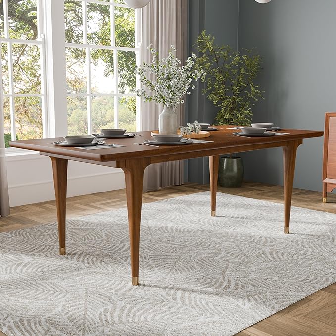 Furniture of America Forma Mid-Century Modern 82-inch Wood Rectangle Dining Table with Soft Round Edge Top and Gold-Capped Legs, Easy Assembly for Home, Kitchen and Living Room, Walnut