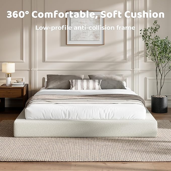 RECCI AirFrame King Size Bed Frame, Cloud Upholstered Platform Bed Frame, 5 Inch Fully Boxy Foam Cushioned, Square Shape Base, No Box Spring Needed, Easy Assembly | Cream Boucle, Soft Low-Profile