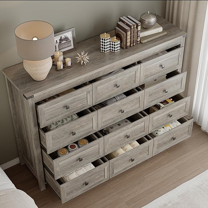 BORNOON 12-Drawer Dresser, Modern Wooden Storage Chest of Drawers, Dresser TV Stand, Wood Drawer Organizer with Metal Handles for Bedroom, Living Room, Hallway