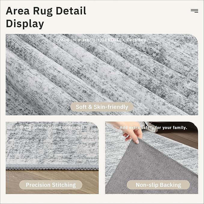 Soalmost Runner Rug 2'6" x 10' Washable Non-Slip Runner Rugs for Kitchen Bathroom Laundry Room Vintage Ultra Thin Runners for Hallway Entryway Grey