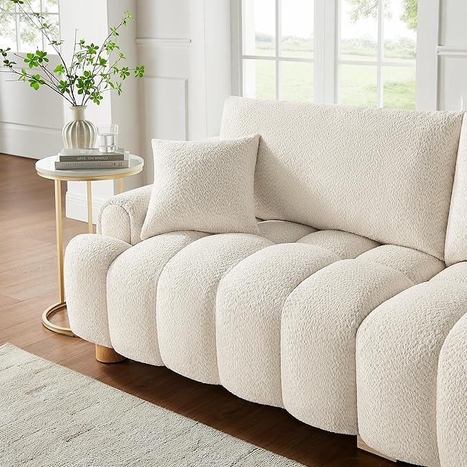 VANOMi Boucle Sofa Couch, 91" Comfy Tufted Upholstered Cloud Couches, Modern 3 Seater Sofa with Pillows, Oversized Deep Seat Sherpa Couch for Living Room, Bedroom, Apartment (White)