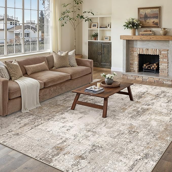 6x9 Washable Area Rug Brown Grey Abstract Non Slip Soft Low Pile Rug for Living Room Bedroom Dining Room Office Neutral Modern Indoor Throw Carpet for Home Decor