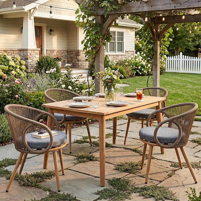 Modern Outdoor Dining Chair Set of 4 with Cushion, Scandinavian Rope Woven Patio Armchairs, Wood-Look Metal Frame, Weather-Resistant Balcony Backyard Dining Seating, Brown
