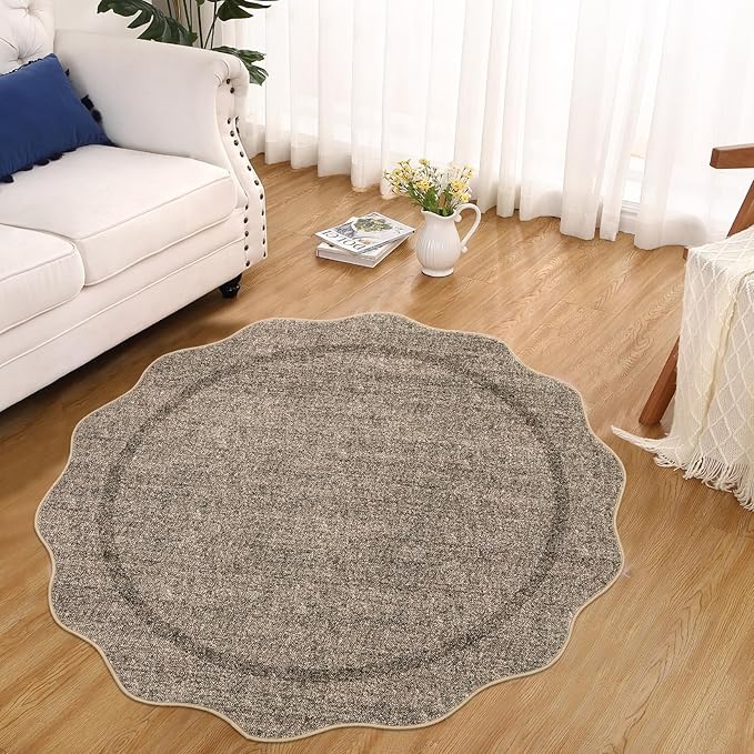 GarveeHome Scalloped Round Rugs 6Ft Washable Area Rug for Playroom, Kids Non-Slip Neutral Classic Circle Rug Modern Large Carpet Soft Boys Rug for Classroom Dorm Bedroom, Taupe