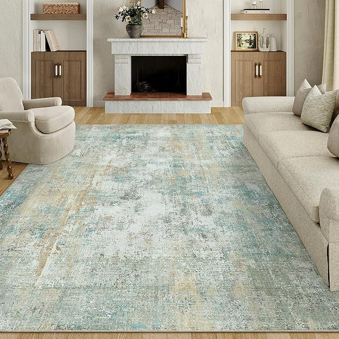 8x10 Washable Area Rug Teal Beige Abstract Non Slip Soft Low Pile Rug for Living Room Bedroom Dining Room Office Neutral Modern Indoor Throw Carpet for Home Decor