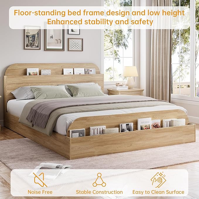 GarveeHome Full Size Bed Frame, Wooden Beds with Storage Headboard and Raised-Foodboard, Full-Floor Low Platform Bed for Bedroom, Sturdy Wooden Slats Support, No Box Spring Needed, Natural