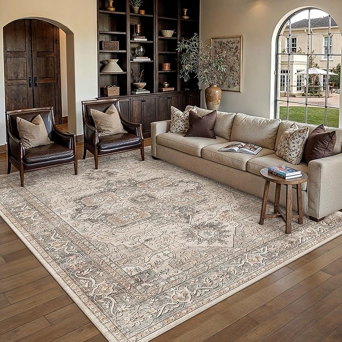 5x7 Washable Vintage Area Rug Brown Oriental Living Room Bedroom Throw Rug Neutral Non Slip Soft Low Pile Carpet for Dining Room Office Nursery Indoor
