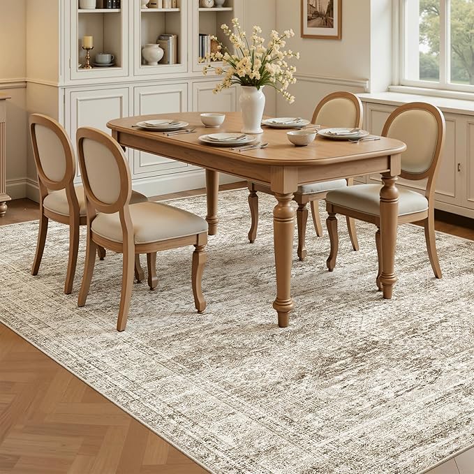 Soalmost 5x7 Area Rugs Brown Low Pile Indoor Washable Trendy Faded Style Rugs for Bedroom Living Room Dining Room Foldable Non-Slip Thin Print Mat