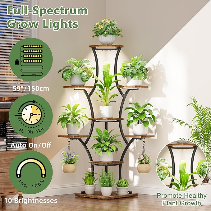Corner Plant Stand With Grow Lights - 52.7" Indoor Plant Stand, Corner Plant Shelf For Indoor Plants, 8 Tiered Lighted Flower Holder, Tall Display Rack For Living Room, Hallway, Home, Black & Brown