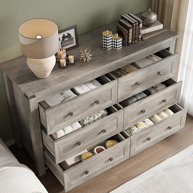 BORNOON 6-Drawer Dresser, Modern Wooden Storage Chest of Drawers, Dresser TV Stand, Wood Drawer Organizer with Metal Handles for Bedroom, Living Room, Hallway