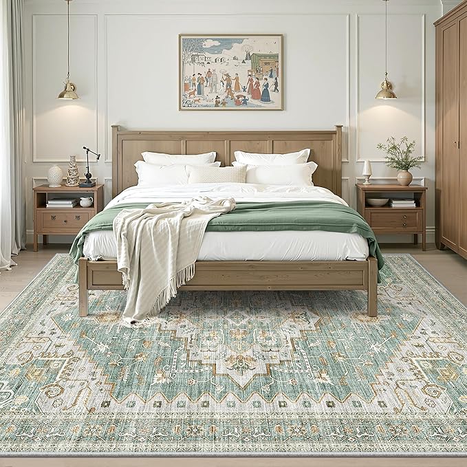Living Room 10x14 Area Rugs, Washable Area Rug Stain Resistant Carpet Vintage Soft Rugs for Bedroom with Non Slip Backing Indoor Home Decor (10'x 14',Green)