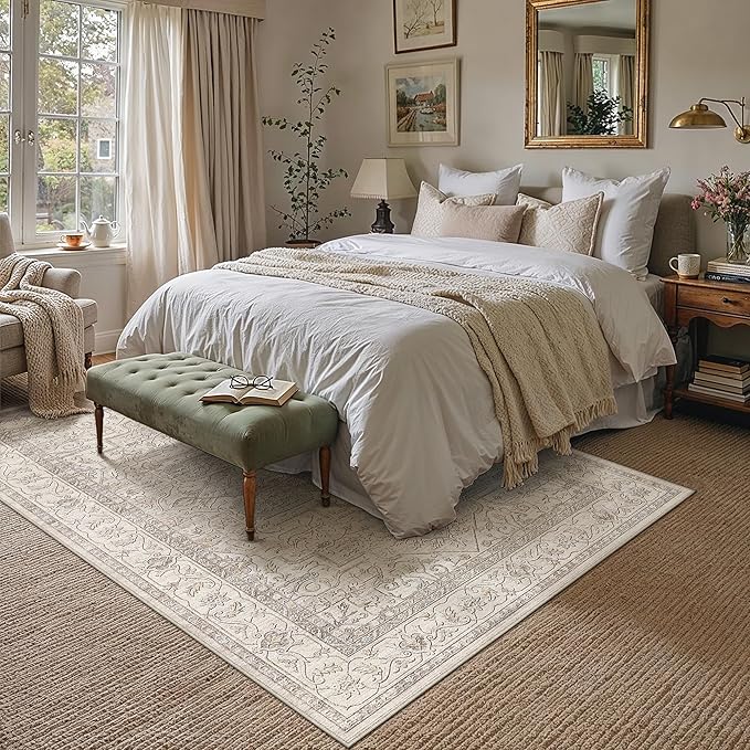 8x10 Washable Vintage Area Rug Beige Oriental Living Room Bedroom Throw Rug Neutral Non Slip Soft Low Pile Carpet for Dining Room Office Nursery Indoor