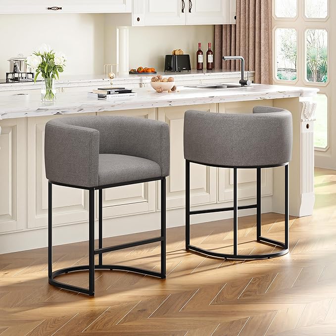 26" H Counter Height Bar Stools Set of 2, Modern Barrel Counter Stools with Backrest and Arms, Linen Fabric Upholstered Accent Barstools for Kitchen Island,Support 450 LBS (Gray)