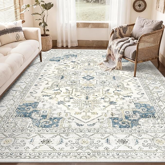 befbee Washable Area Rug 6x9, Area Rugs Stain Resistant Neutral Washable Rugs for Living Rooms Bedroom Vintage Non-Slip Thin Large Size Area Rug（6x9,BeigeBlue）
