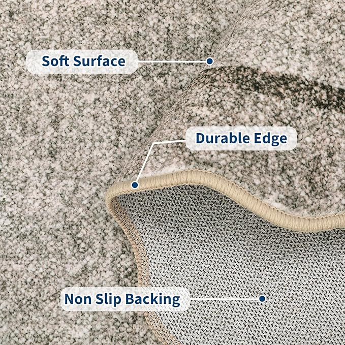 GarveeHome Scalloped Washable Round Rugs, Non-Slip Soft Round Rug 4 ft Ultra-Thin, Small Boho Circle Stain Resistant Low Pile Carpet for Entryway Kitchen Bedroom Nursery Bathroom, Brown