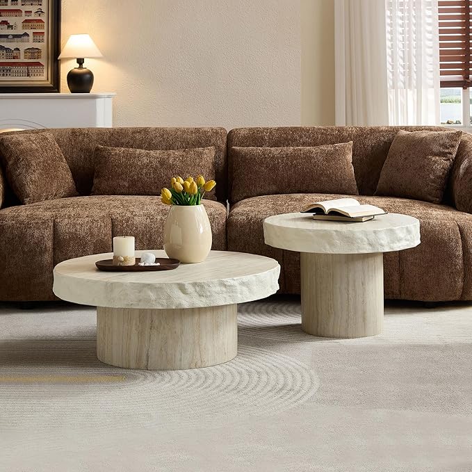 31.69" Round Coffee Table with Round Pedestal, Fiberglass Faux Marble Tabletop for Living Room, Modern Circle Center Table Tea Table for Apartment, Office, Beige Mars Pattern