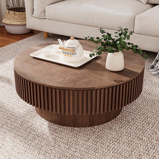 Round Coffee Table with Storage, Modern Handcraft Drum Coffee Table Wood Circle Center Table for Living Room Apartment, 31.49" Walnut