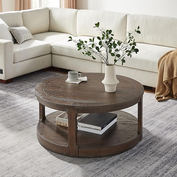 WILLIAMSPACE 40" Round Coffee Table with Wheels, Circle 2 Tier Solid Wood Center Coffee Table, Mid Century Retro Farmhouse Rounded End Table for Living Room Apartment, ø40 x 17.52" H (Dark Brown)