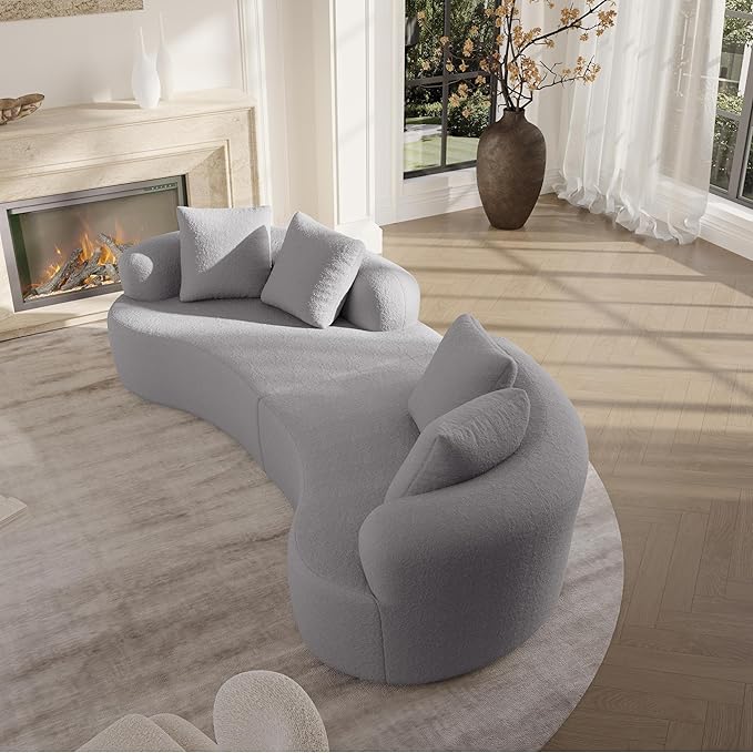 106.7" Modern Curved Oversized Sectional Sofa, Minimalist Modular Cloud Couch with 4 Throw Pillows, Luxury 4-Seater Extra Deep & Wide Seat Sofa in Soft Teddy Fabric, Pearl Grey