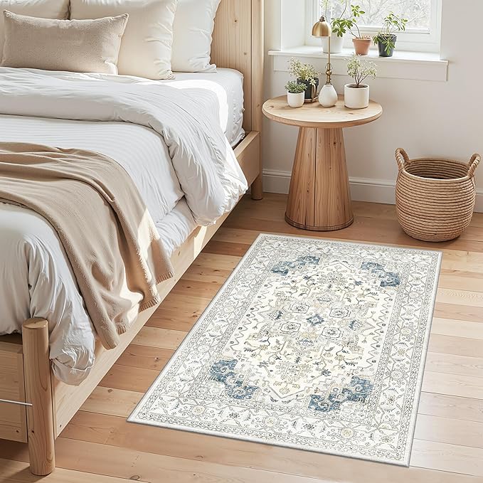 2x3 Entryway Area Rug - Neutral Washable Rugs for Dining Room Kitchen Rug Vintage Soft Floor Mat Non Slip Indoor Farmhouse Carpet for Bathroom Bedroom(BeigeBlue)