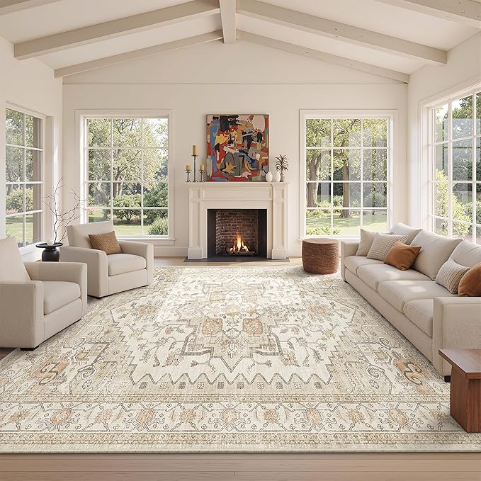 befbee 8x10 Area Rugs for Living Room, Stain Resistant Neutral Washable Rugs for Dining Room, Vintage Non-Slip Thin Large Size Area Rug, Printed Vintage Home Decor Rug(Gold
