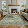 FMFUNCTEX 5x7 Green Washable Area Rug Vintage Distressed Oriental Non Slip Low Pile Neutral Indoor Carpet for Living Room Bedroom Soft Retro Floral Thin Large Rug for Dining Nursery Office Dorm