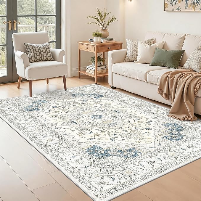 Area Rugs for Living Room - 3x5, Boho Non-Slip Low Pile Carpet Washable Rugs for Bedroom, Farmhouse, Office, Dining Room (BeigeBlue)