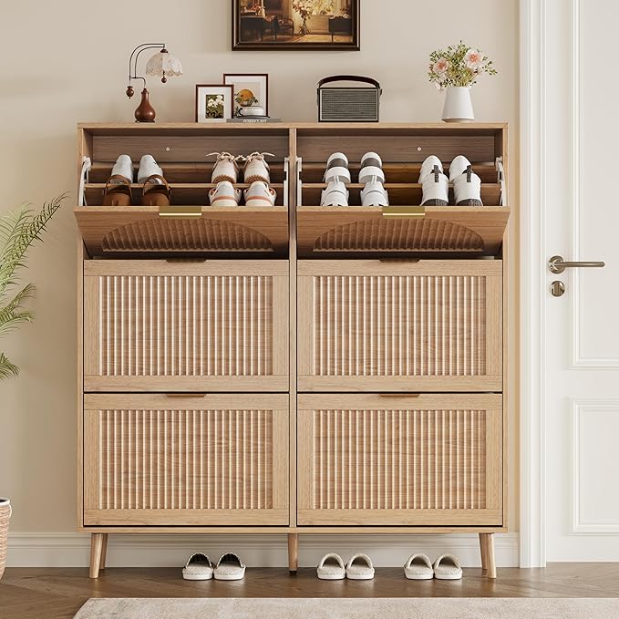 BORNOON Shoe Cabinet for Entryway with 6 Flip Drawers, Slim Wooden Shoe Storage Organizer with Modern Fluted Pannel，Freestanding Narrow Hidden Shoe Rack for Hallway, Foyer, Living Room