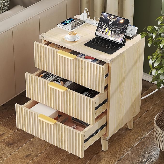 Lulive Wood Night Stand Set 2 Fluted Dresser for Bedroom 3 Drawers End Tables Nightstand with Charging Station, Storage Modern Side Table Natural
